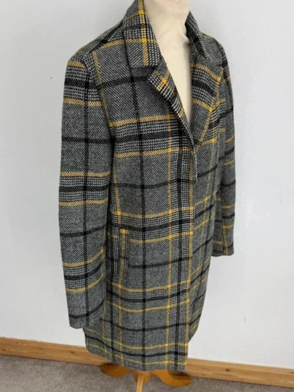 QED London Grey & Yellow Checked Wool Blend Coat 12 - Picture 3 of 5